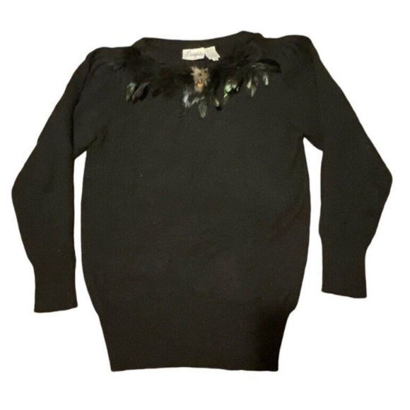 VTG Donagain Women's Acrylic Sweater Size M Ostrich Feathers Black - Picture 1 of 7